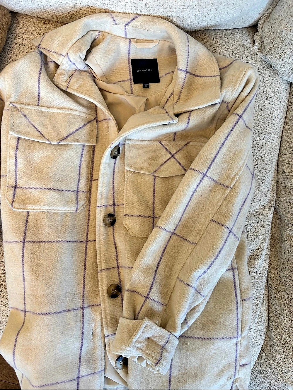 Dynamite Plaid Utility Jacket in Cream & Purple